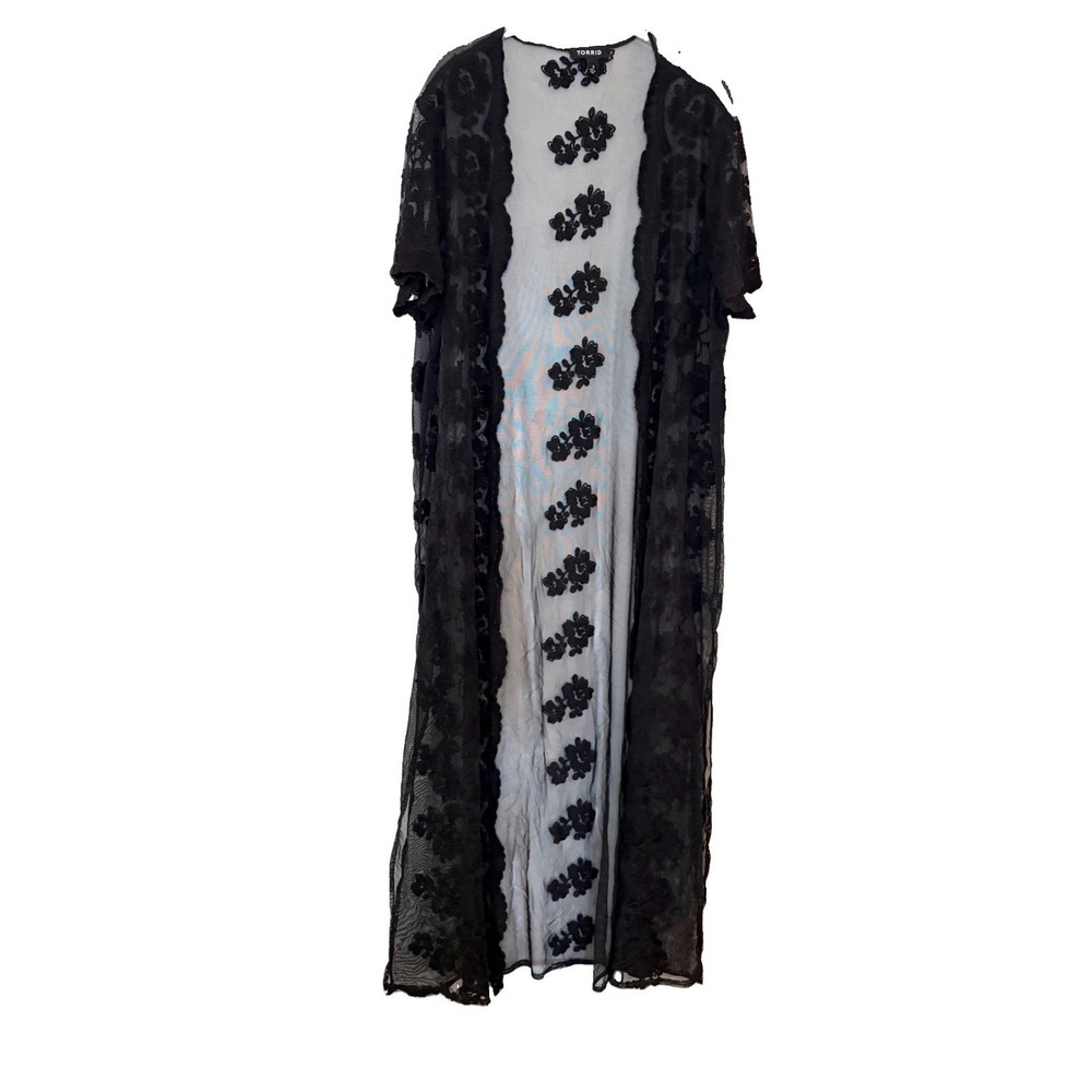 Torrid Black Lace Floral Kimono Duster Long Sleeve Open Cardigan Coverup Maxi 2X